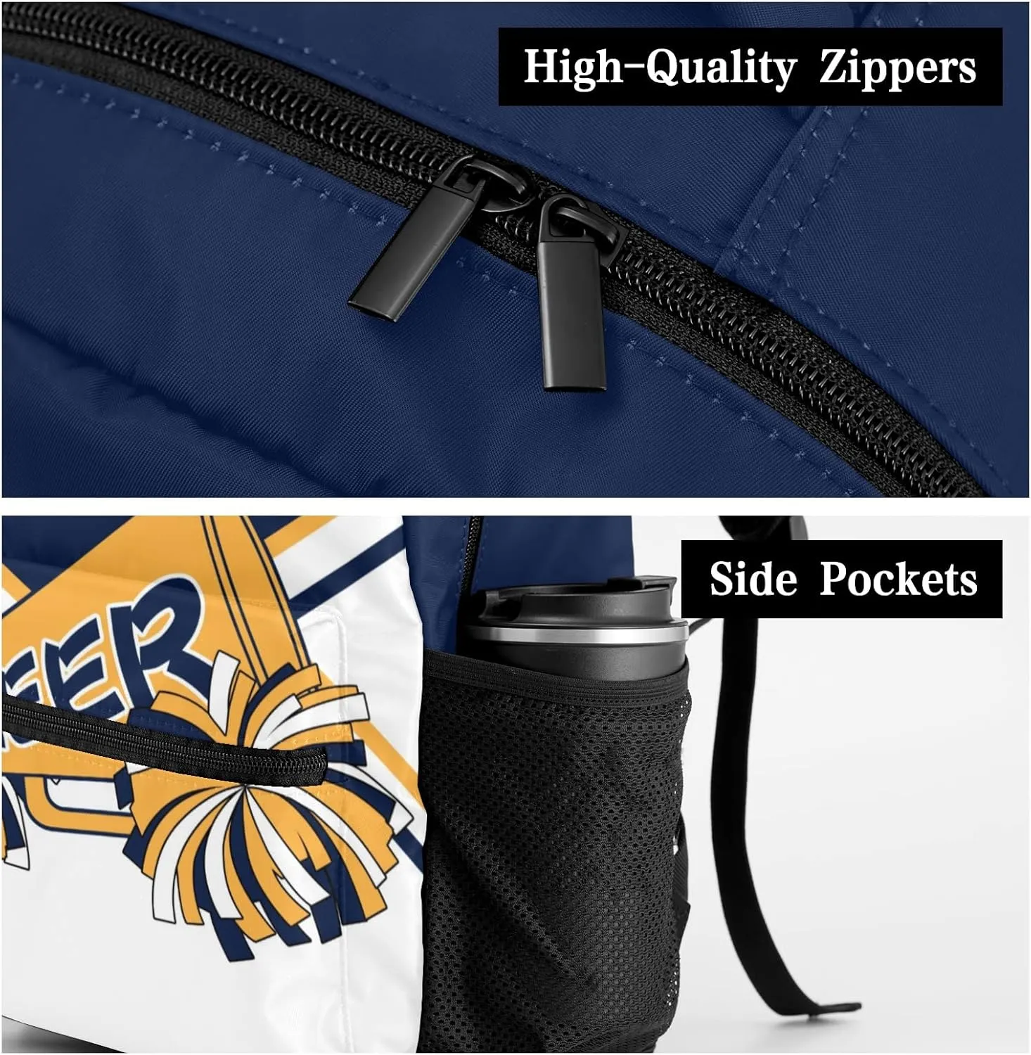 Personalized Custom Cheerleader Navy Blue Yellow Backpack Lightweight Travel Hiking Causual Bag With Name