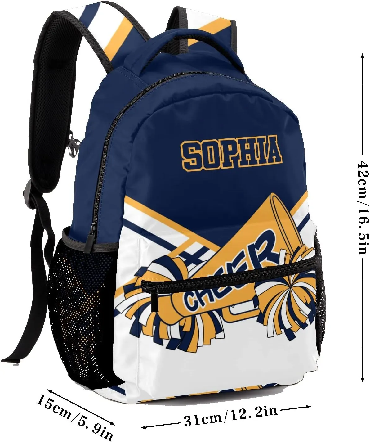 Personalized Custom Cheerleader Navy Blue Yellow Backpack Lightweight Travel Hiking Causual Bag With Name