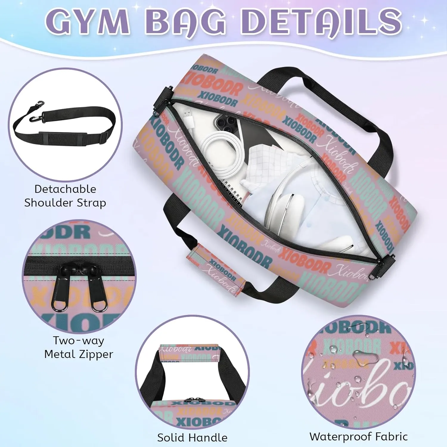 Personalized Cute Duffle Bag - Custom Name Kids Sports Bag, Sleepover Bags for Girls, Lightweight Toddler Boys Overnight Bag for Weekender Travel Cheer Dance Ball Game, Pink Cyan Multiple Text