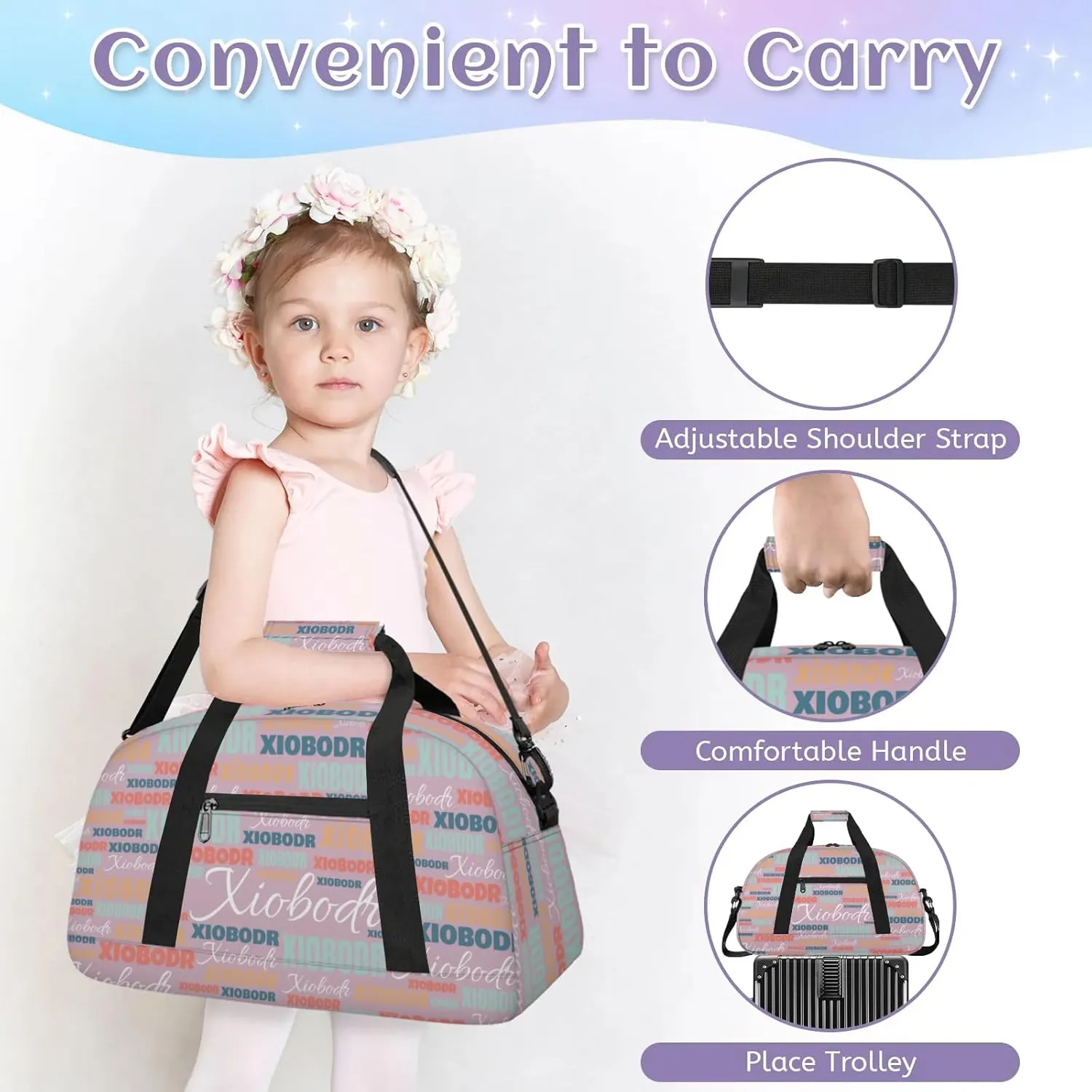 Personalized Cute Duffle Bag - Custom Name Kids Sports Bag, Sleepover Bags for Girls, Lightweight Toddler Boys Overnight Bag for Weekender Travel Cheer Dance Ball Game, Pink Cyan Multiple Text