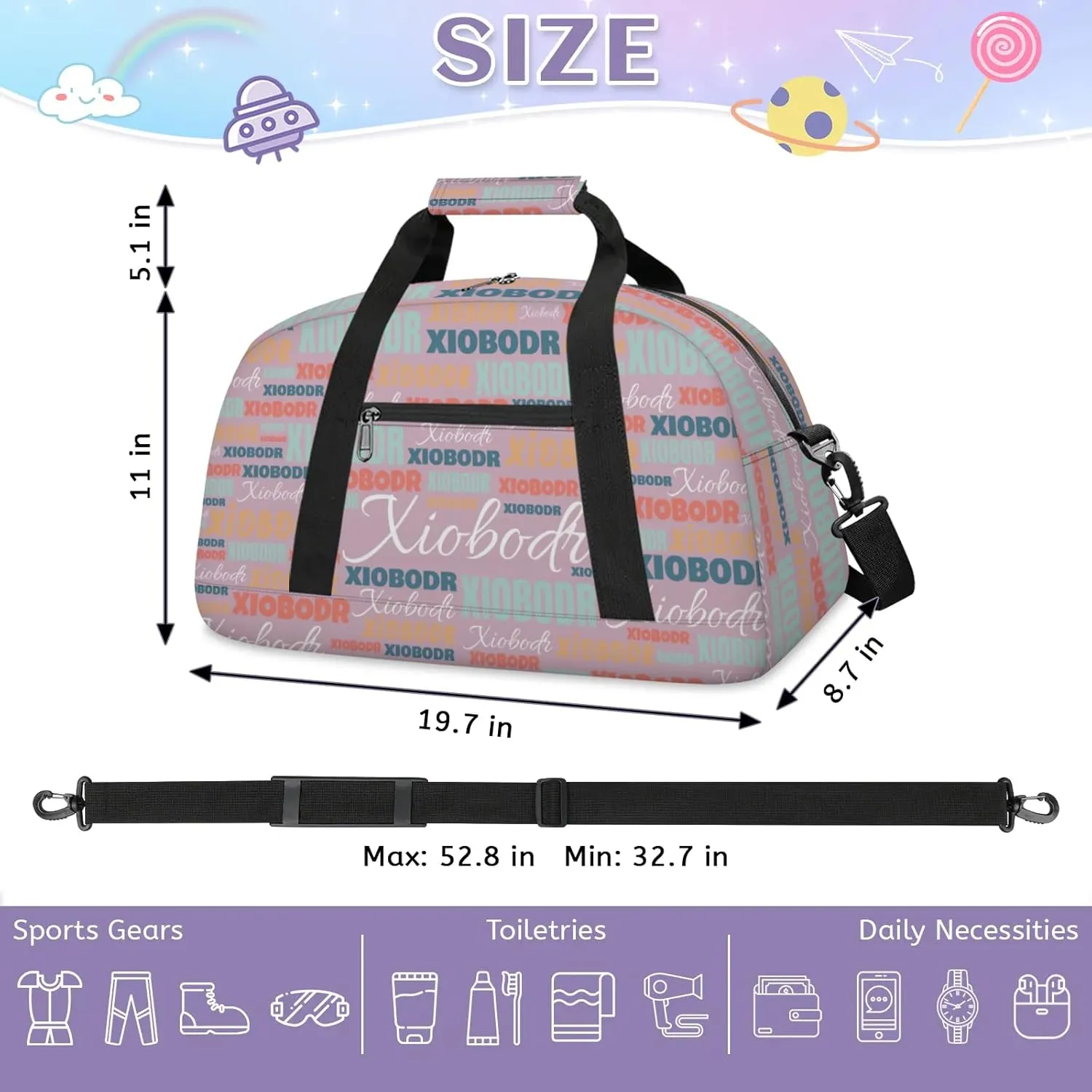 Personalized Cute Duffle Bag - Custom Name Kids Sports Bag, Sleepover Bags for Girls, Lightweight Toddler Boys Overnight Bag for Weekender Travel Cheer Dance Ball Game, Pink Cyan Multiple Text