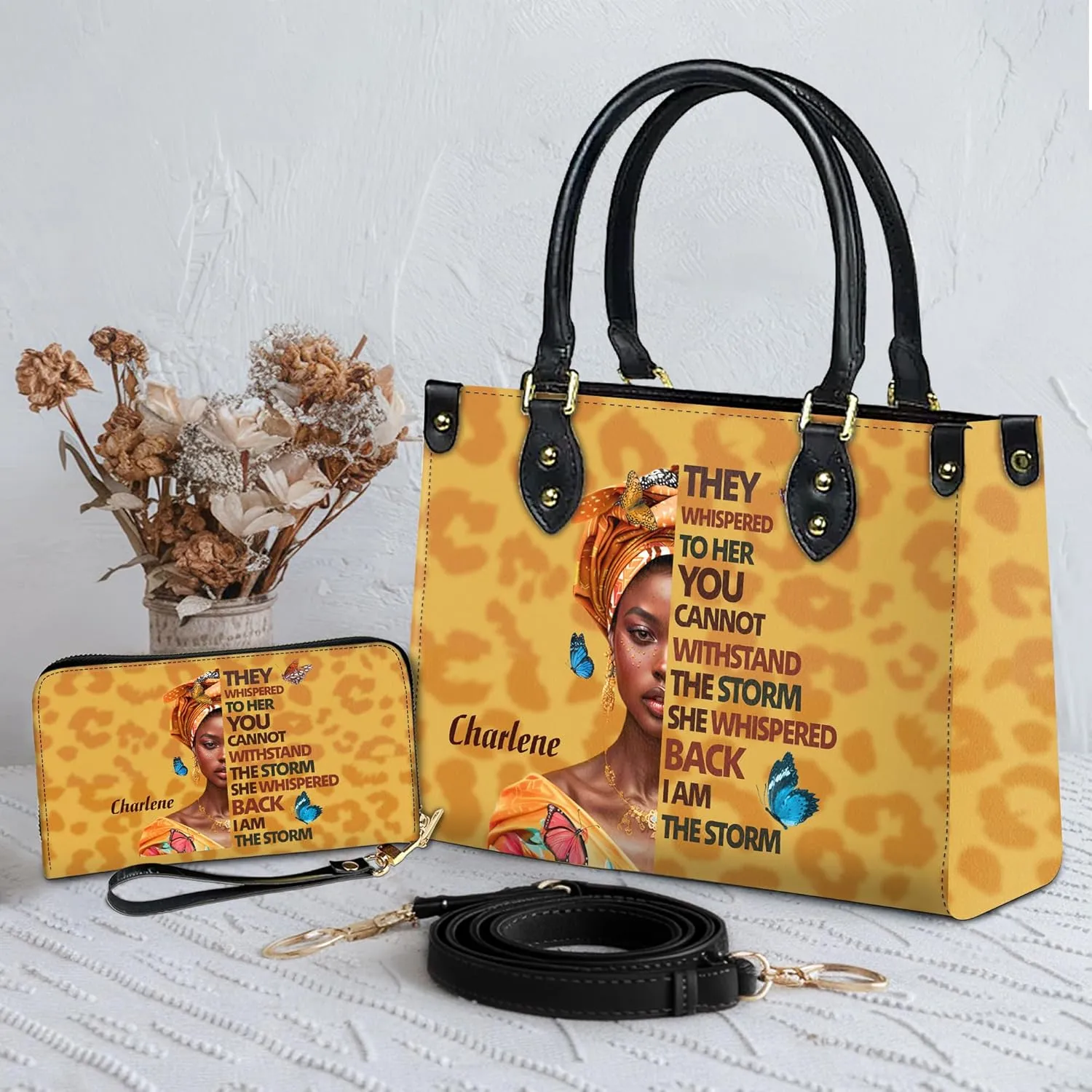 Personalized Leather Handbag For Black African Women – Matching Purse and Wallet Set – Mother's Day Gifts for Melanin Woman