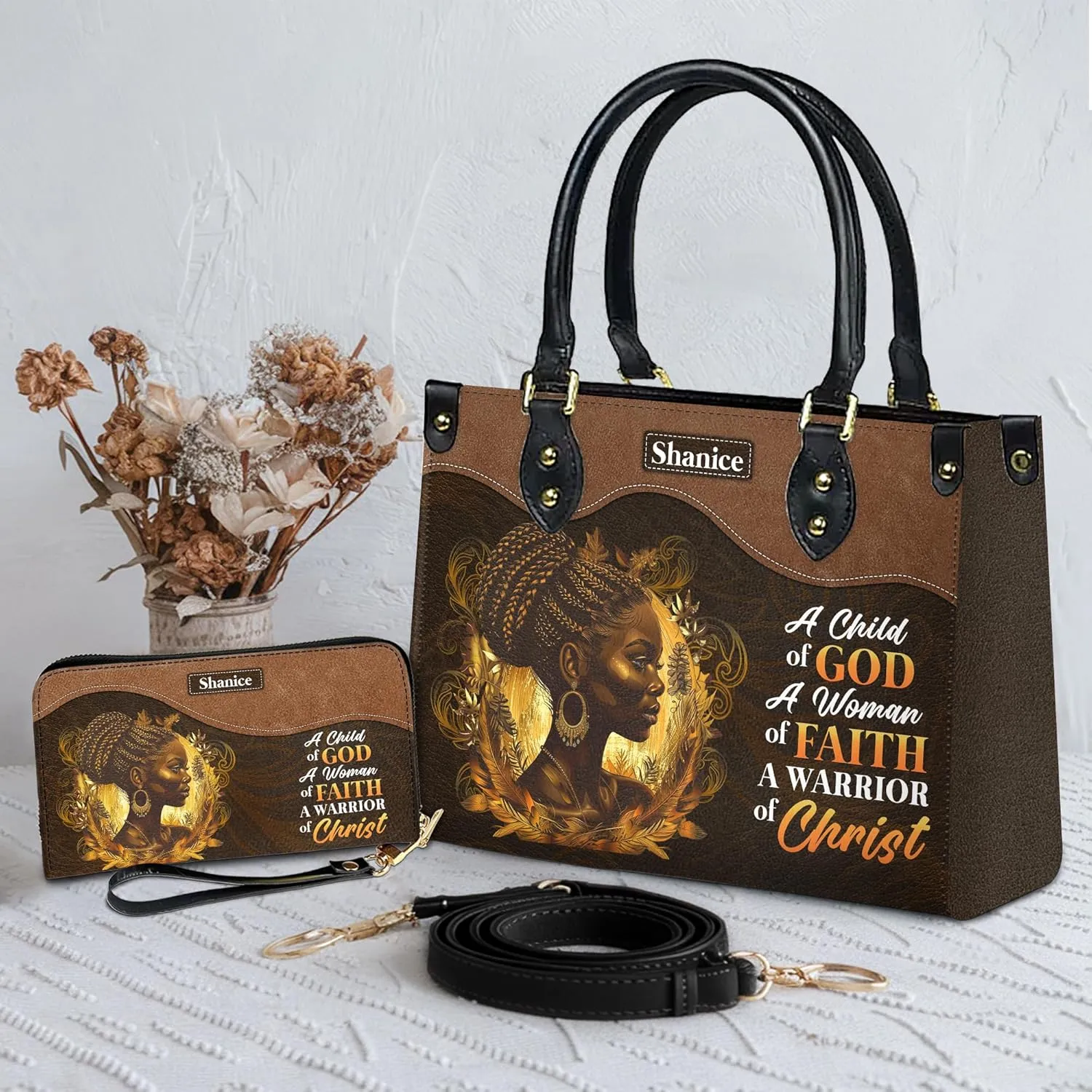 Personalized Leather Handbag For Black African Women – Matching Purse and Wallet Set – Mother's Day Gifts for Melanin Woman