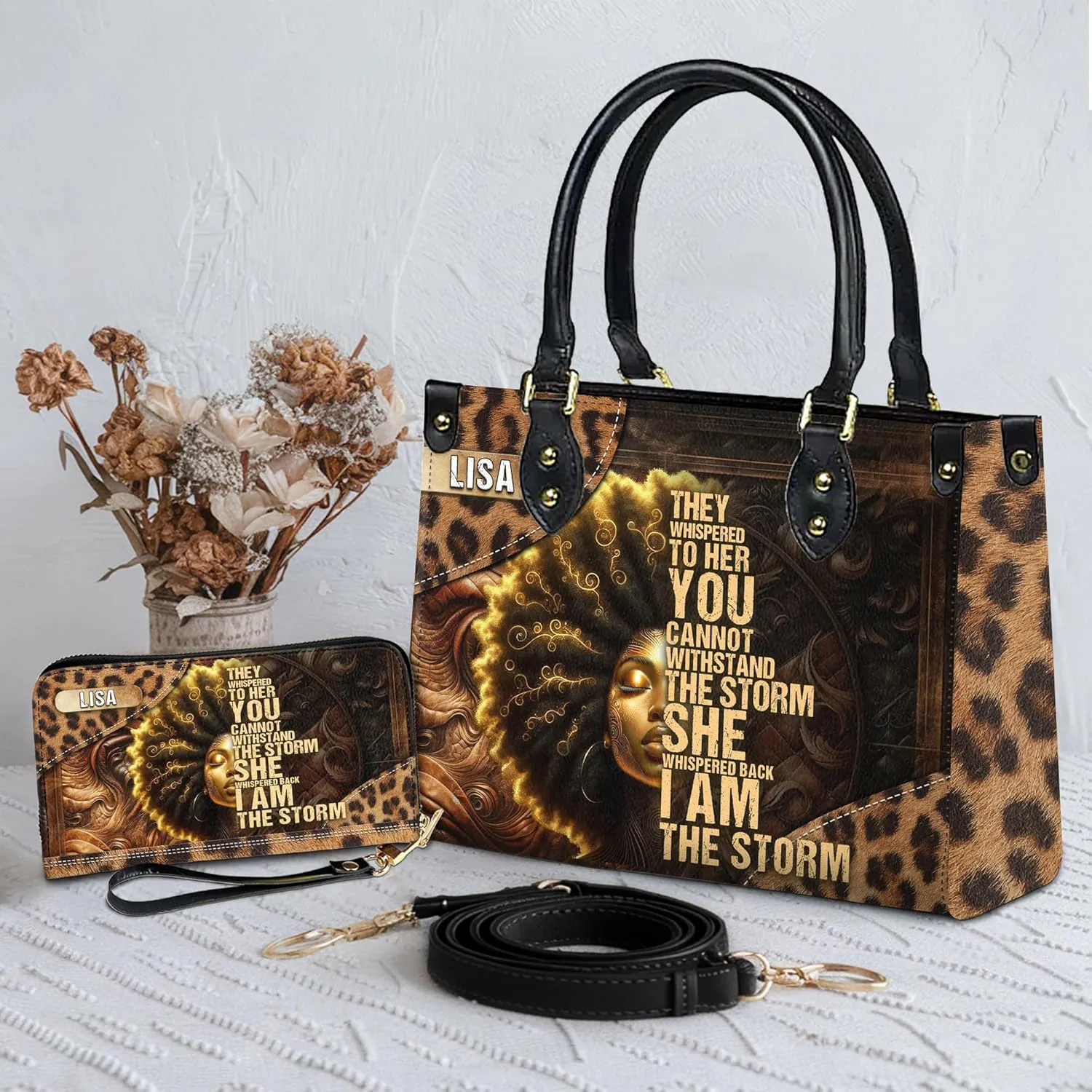 Personalized Leather Handbag For Black African Women – Matching Purse and Wallet Set – Mother's Day Gifts for Melanin Woman