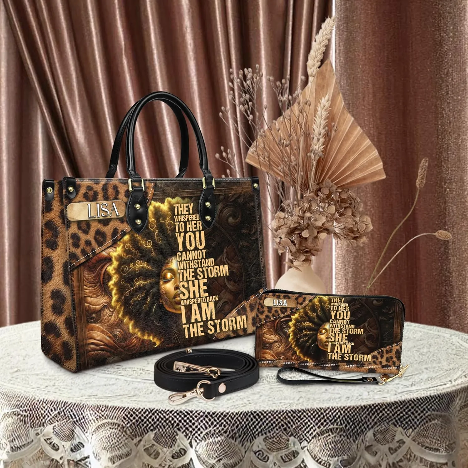 Personalized Leather Handbag For Black African Women – Matching Purse and Wallet Set – Mother's Day Gifts for Melanin Woman