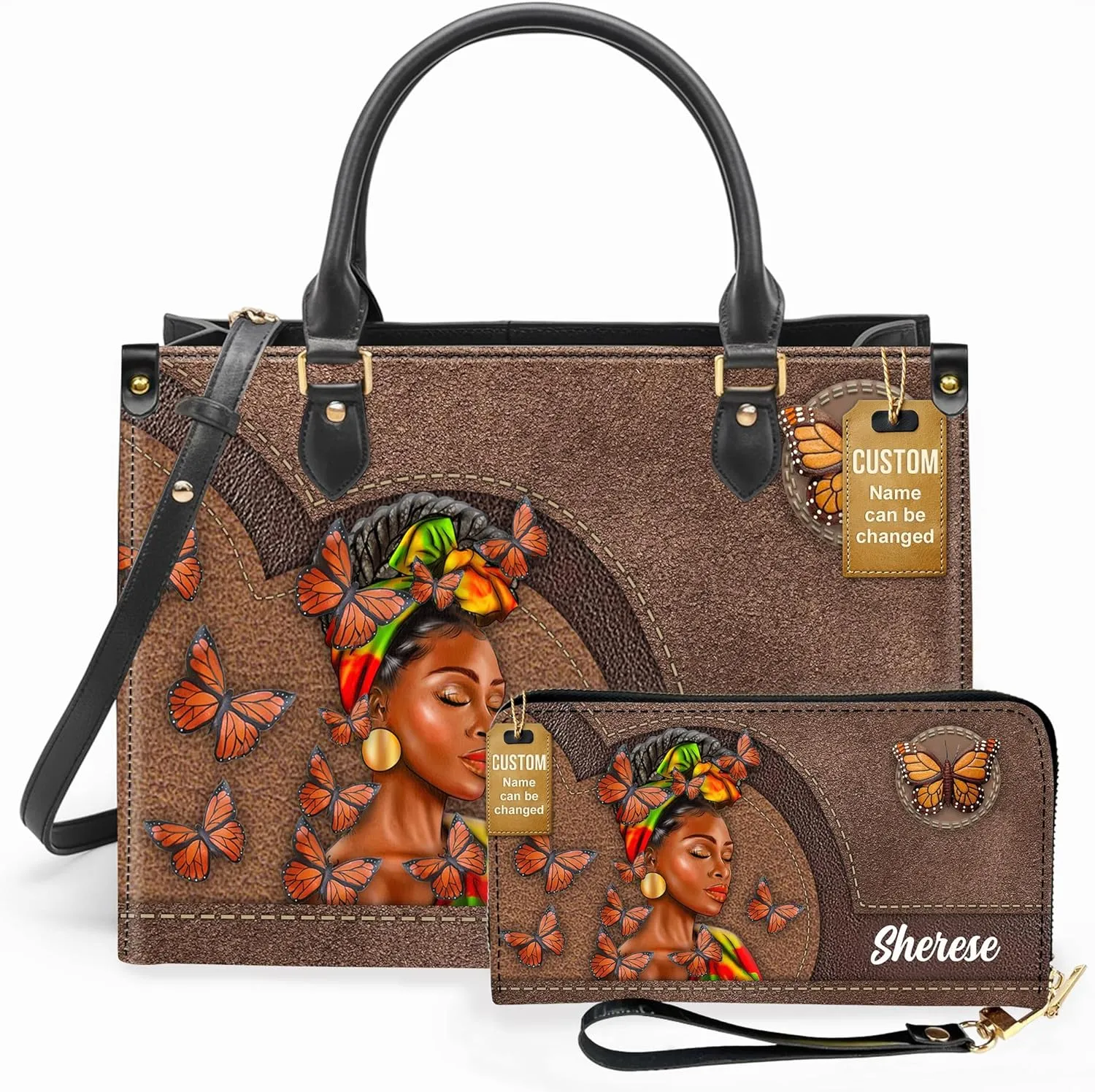 Personalized Leather Handbag For Black African Women – Matching Purse and Wallet Set – Mother's Day Gifts for Melanin Woman