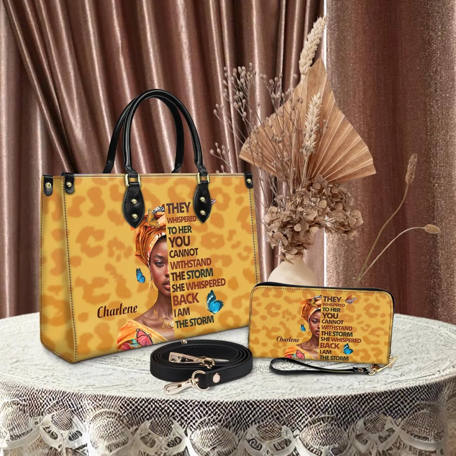 Personalized Leather Handbag For Black African Women – Matching Purse and Wallet Set – Mother's Day Gifts for Melanin Woman