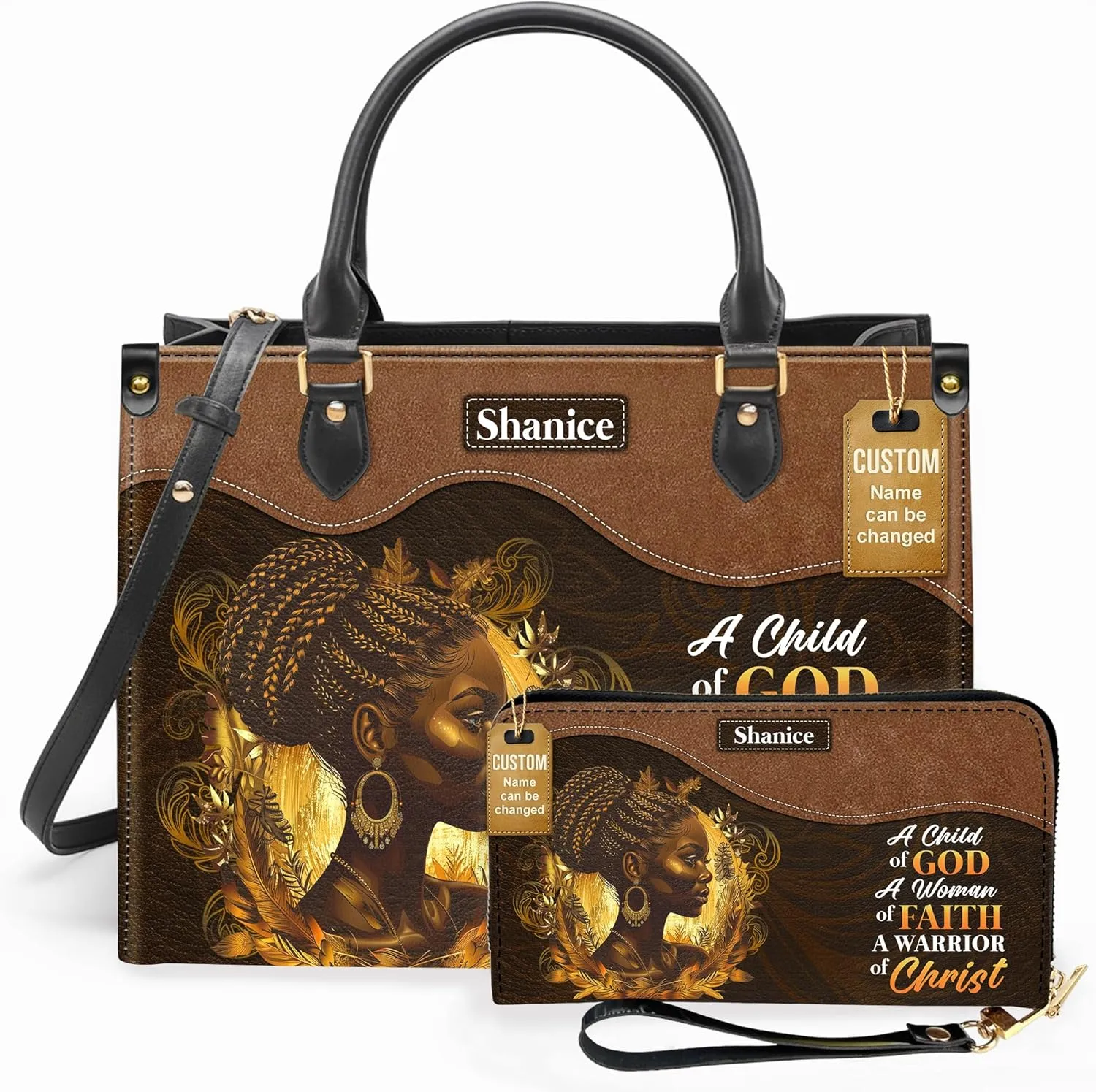 Personalized Leather Handbag For Black African Women – Matching Purse and Wallet Set – Mother's Day Gifts for Melanin Woman