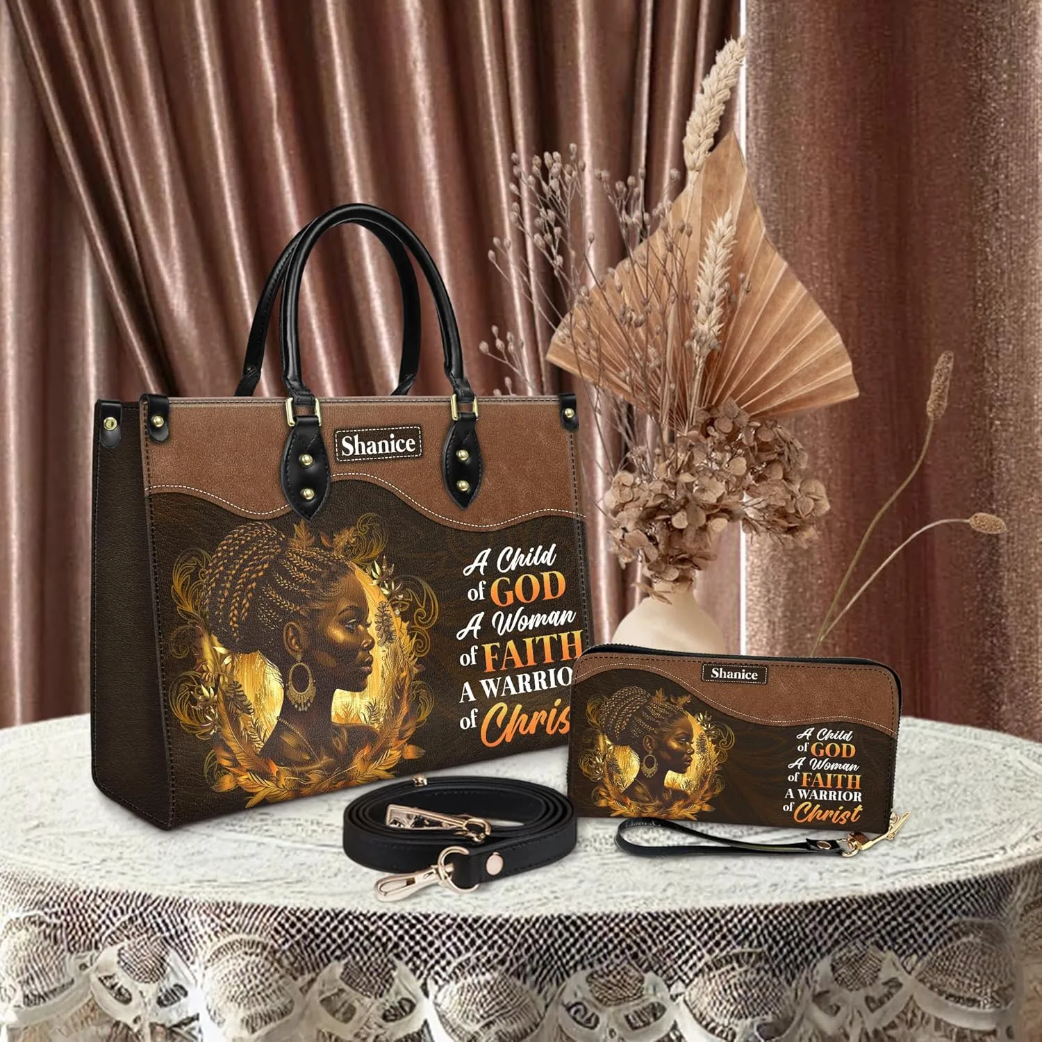 Personalized Leather Handbag For Black African Women – Matching Purse and Wallet Set – Mother's Day Gifts for Melanin Woman