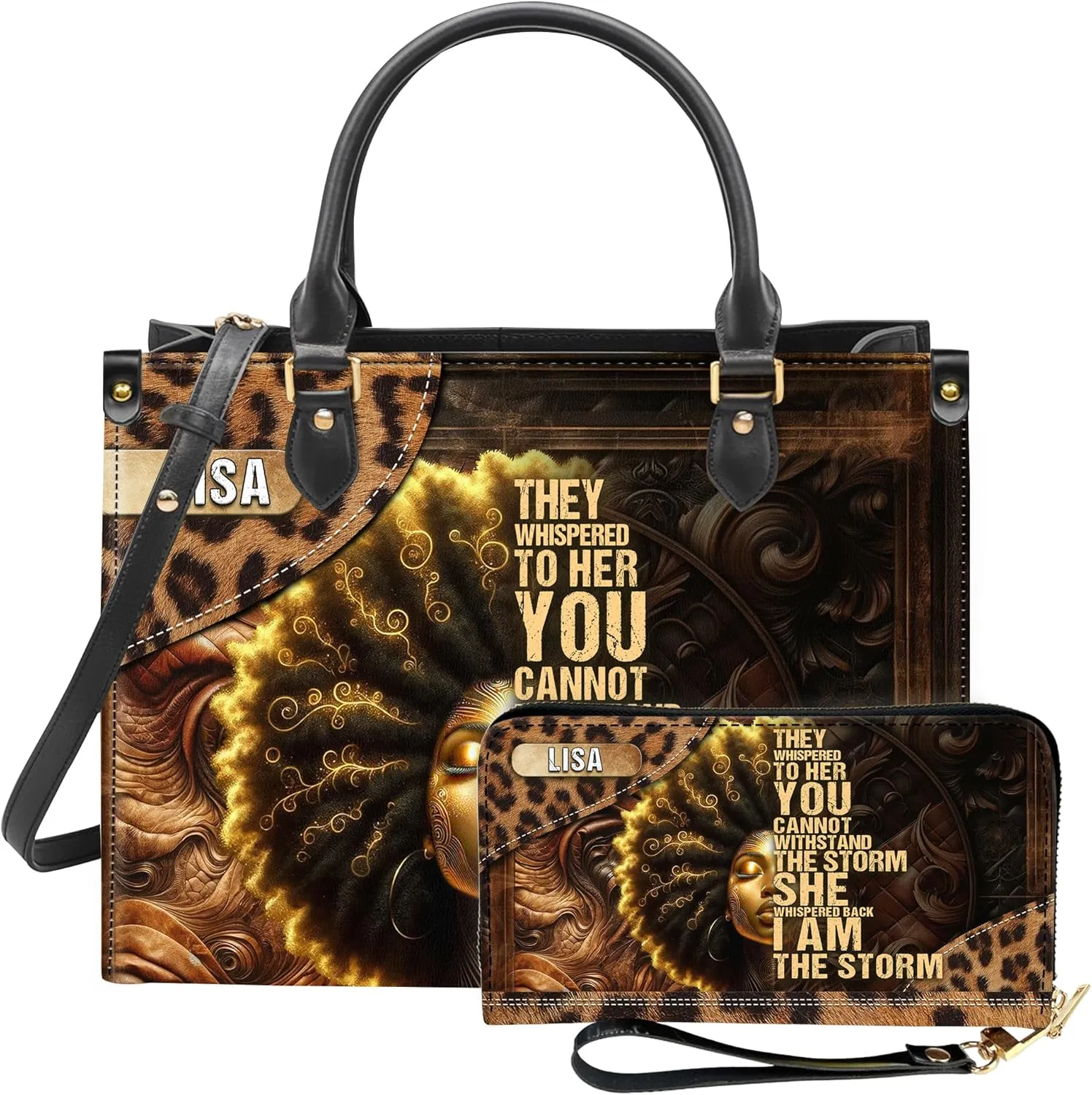 Personalized Leather Handbag For Black African Women – Matching Purse and Wallet Set – Mother's Day Gifts for Melanin Woman