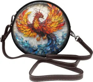 Phoenix Stained Glass Women Round Crossbody Bags Leather Sling Bag Purse