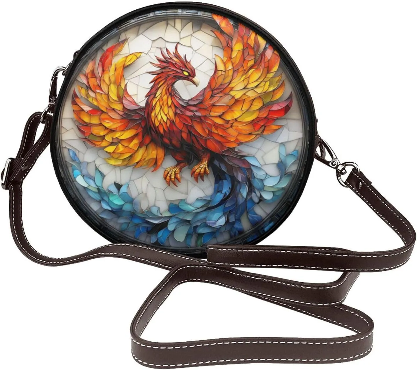 Phoenix Stained Glass Women Round Crossbody Bags Leather Sling Bag Purse