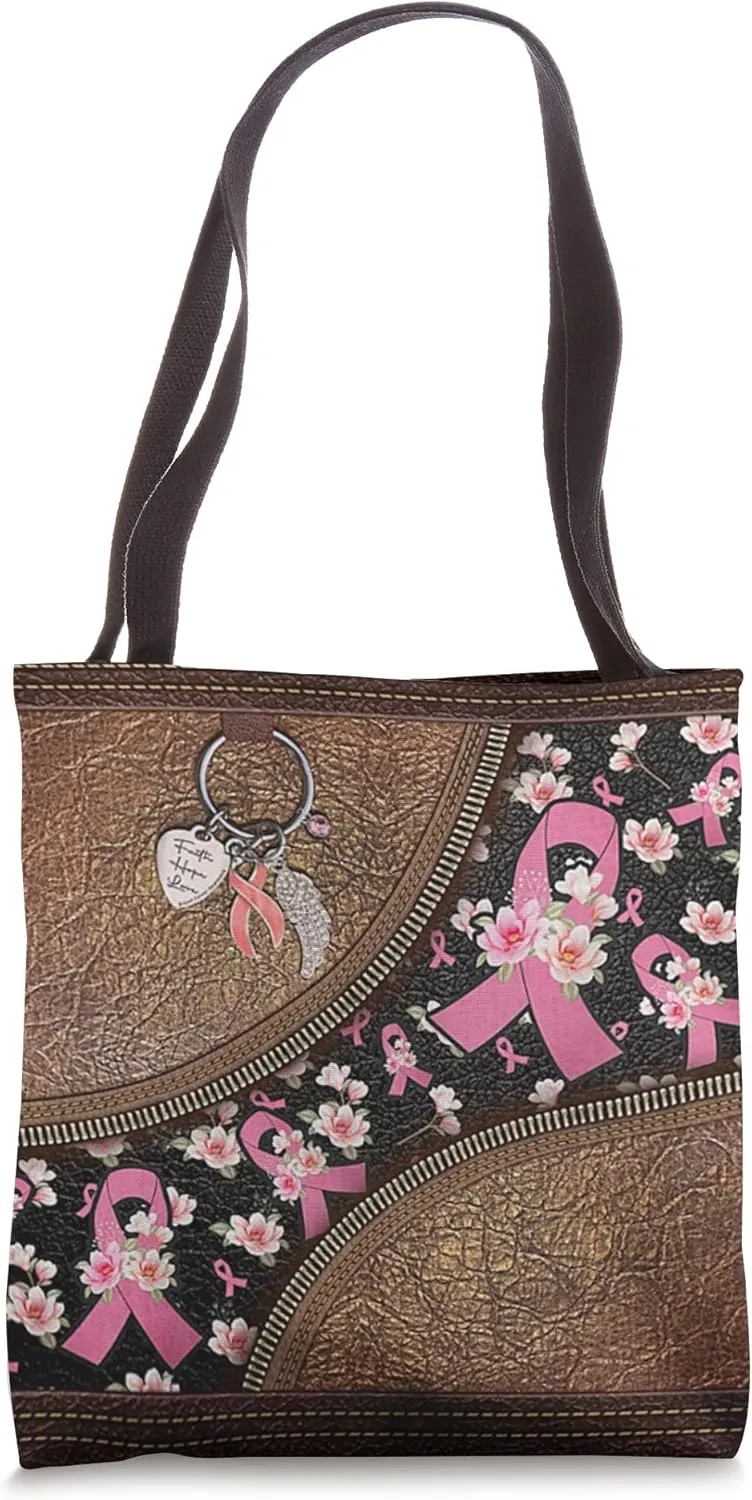 Pink Ribbon Floral Zipper-Leather-Breast Cancer Awareness Tote Bag