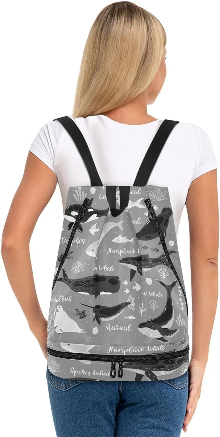 Poeticcity Gym Swimming Drawstring Bags Daypacks Backpack Purse Casual Knapsack Shoulder Bag Sitting Rucksack Marine Dolphin Killer Whale Narwhal Walrus Ocean Undersea Water