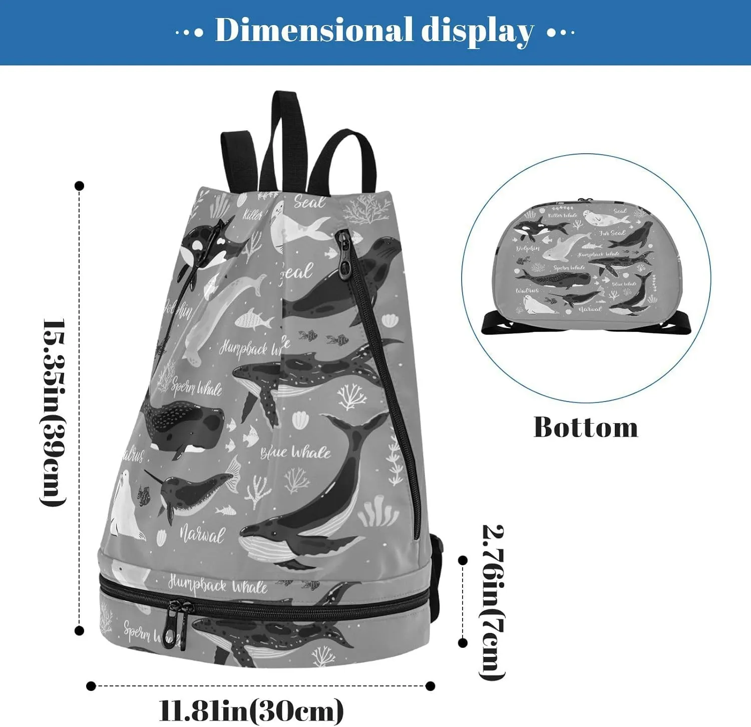 Poeticcity Gym Swimming Drawstring Bags Daypacks Backpack Purse Casual Knapsack Shoulder Bag Sitting Rucksack Marine Dolphin Killer Whale Narwhal Walrus Ocean Undersea Water