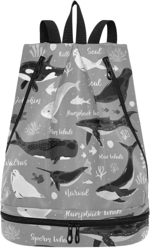 Poeticcity Gym Swimming Drawstring Bags Daypacks Backpack Purse Casual Knapsack Shoulder Bag Sitting Rucksack Marine Dolphin Killer Whale Narwhal Walrus Ocean Undersea Water