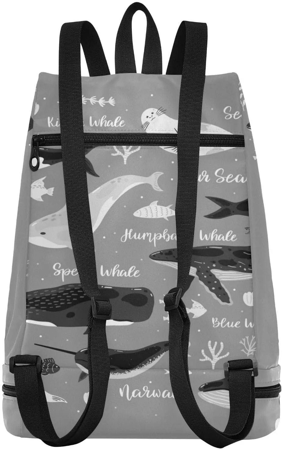 Poeticcity Gym Swimming Drawstring Bags Daypacks Backpack Purse Casual Knapsack Shoulder Bag Sitting Rucksack Marine Dolphin Killer Whale Narwhal Walrus Ocean Undersea Water