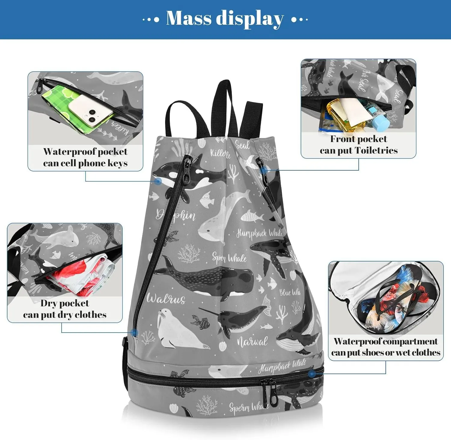 Poeticcity Gym Swimming Drawstring Bags Daypacks Backpack Purse Casual Knapsack Shoulder Bag Sitting Rucksack Marine Dolphin Killer Whale Narwhal Walrus Ocean Undersea Water