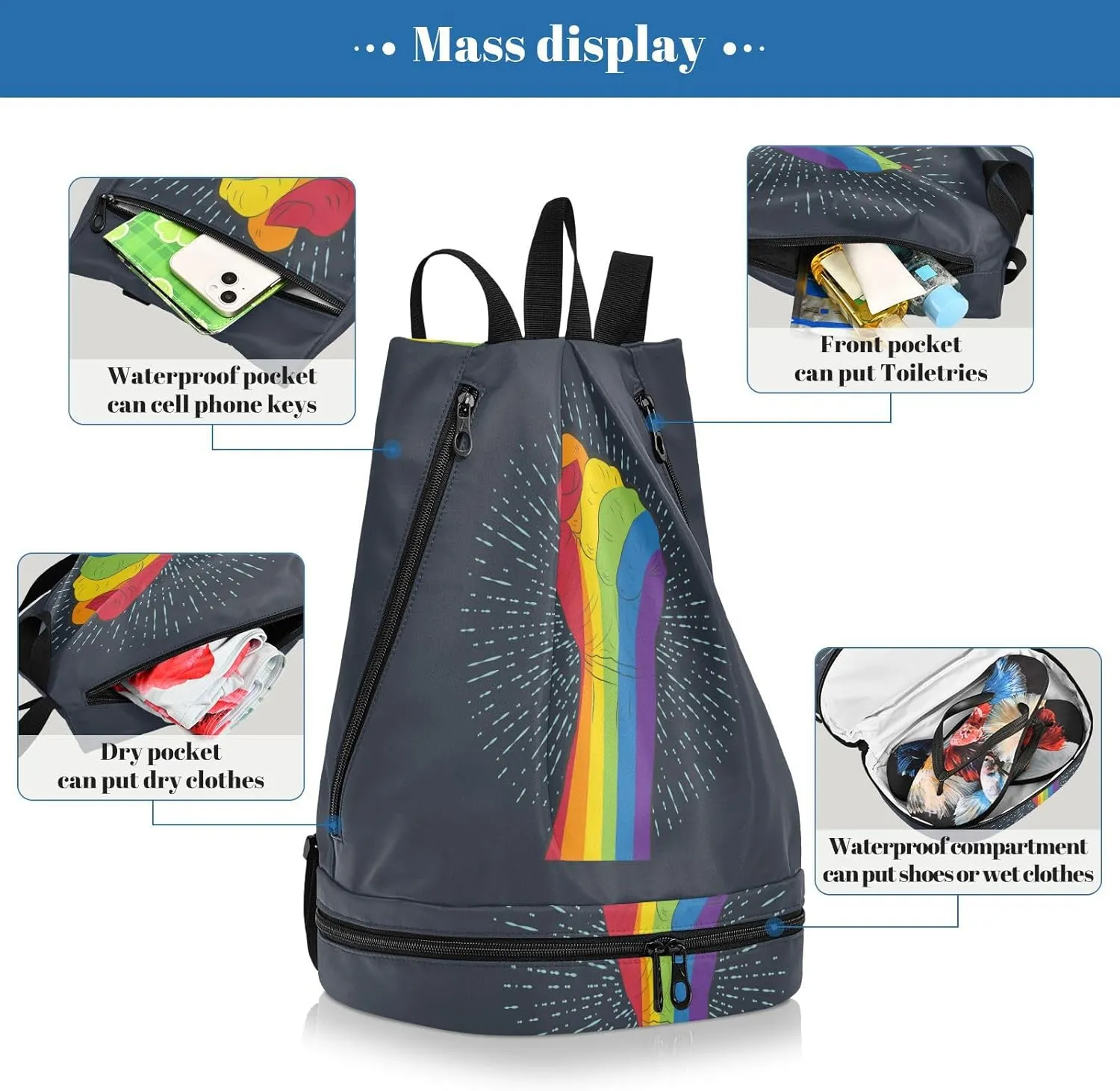 Poeticcity Gym Swimming Drawstring Bags Daypacks Backpack Purse Casual Knapsack Shoulder Bag Sitting Rucksack Rainbow Colored Hand with a Fist Raised up with Rays on Dark Blue