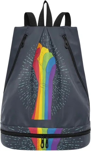 Poeticcity Gym Swimming Drawstring Bags Daypacks Backpack Purse Casual Knapsack Shoulder Bag Sitting Rucksack Rainbow Colored Hand with a Fist Raised up with Rays on Dark Blue
