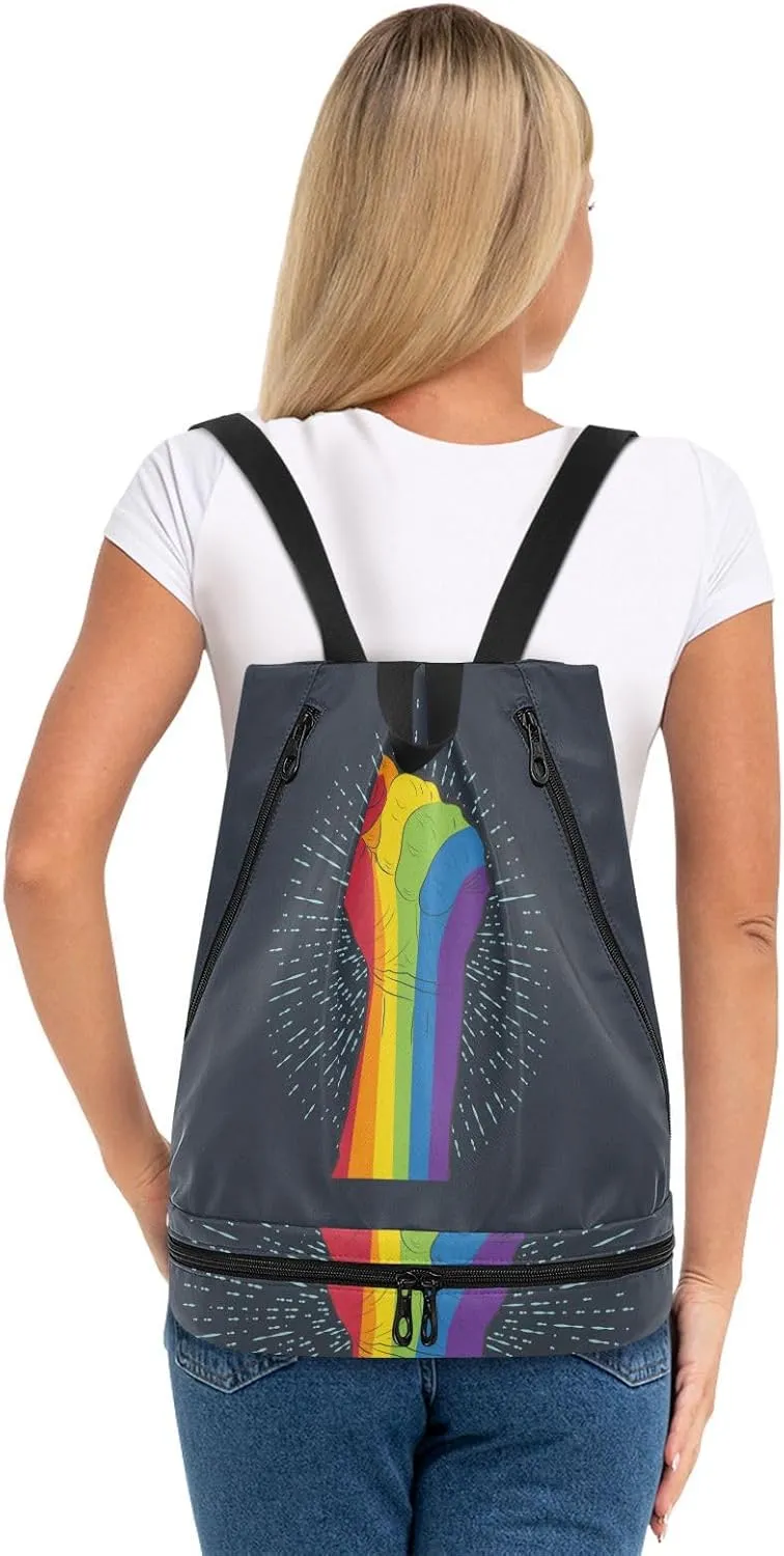 Poeticcity Gym Swimming Drawstring Bags Daypacks Backpack Purse Casual Knapsack Shoulder Bag Sitting Rucksack Rainbow Colored Hand with a Fist Raised up with Rays on Dark Blue