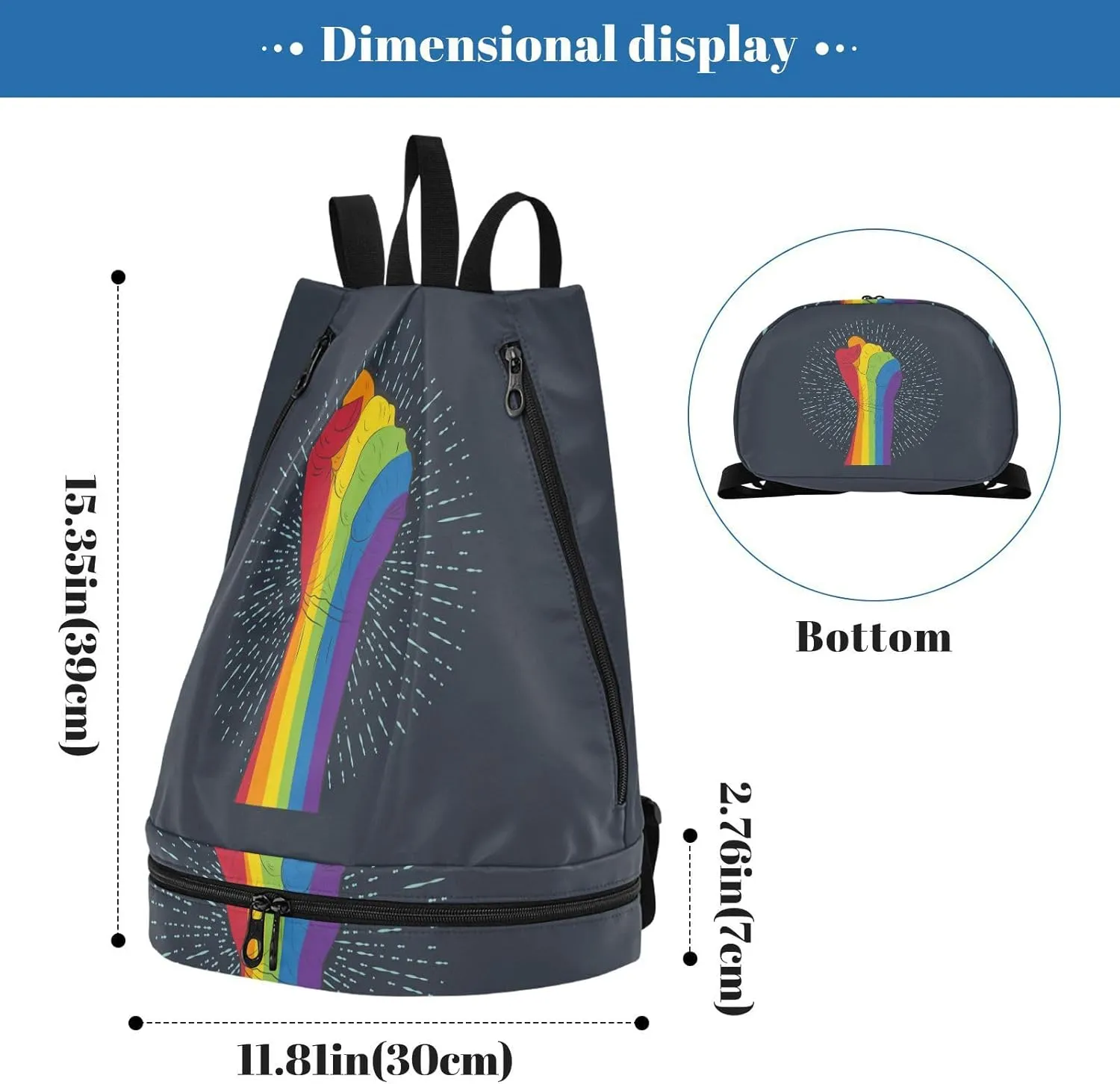 Poeticcity Gym Swimming Drawstring Bags Daypacks Backpack Purse Casual Knapsack Shoulder Bag Sitting Rucksack Rainbow Colored Hand with a Fist Raised up with Rays on Dark Blue
