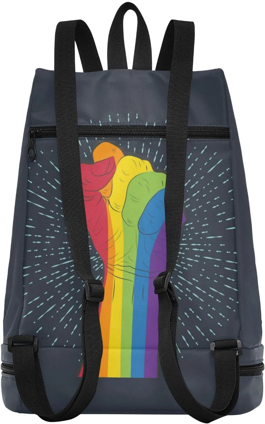 Poeticcity Gym Swimming Drawstring Bags Daypacks Backpack Purse Casual Knapsack Shoulder Bag Sitting Rucksack Rainbow Colored Hand with a Fist Raised up with Rays on Dark Blue