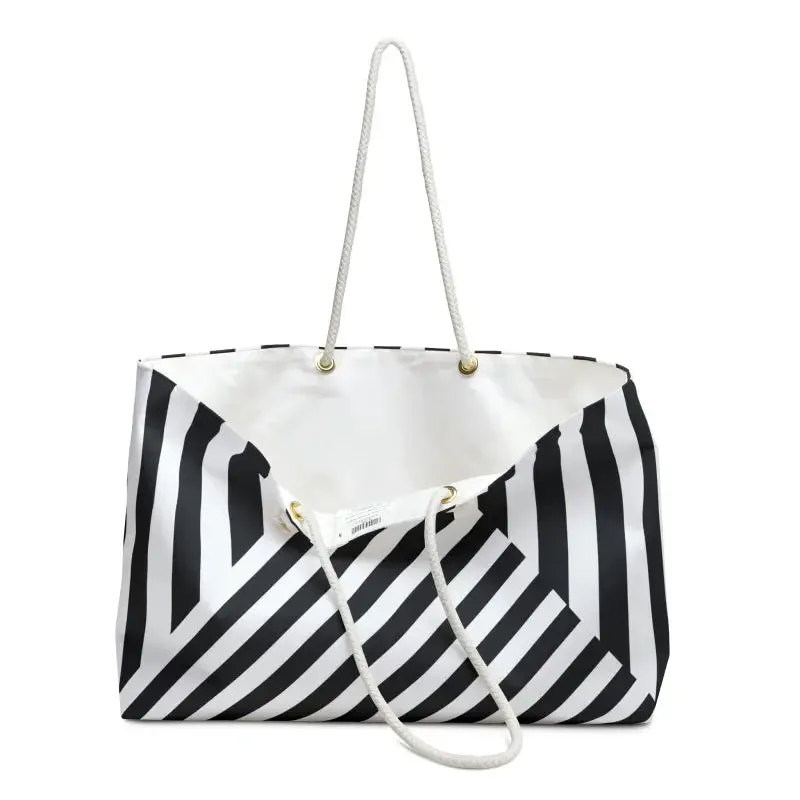 Polyester Weekender Bag Black and White Striped Pattern