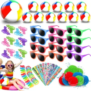 Pool Beach Party Favors, 72Pcs Summer Pool Toys Goodie Bags Set for Kids Inflatable Beach Balls, Sunglasses, Slap Bracelets, Water Gun, Water Balls, Whistles for Kids Birthday Party Decorations