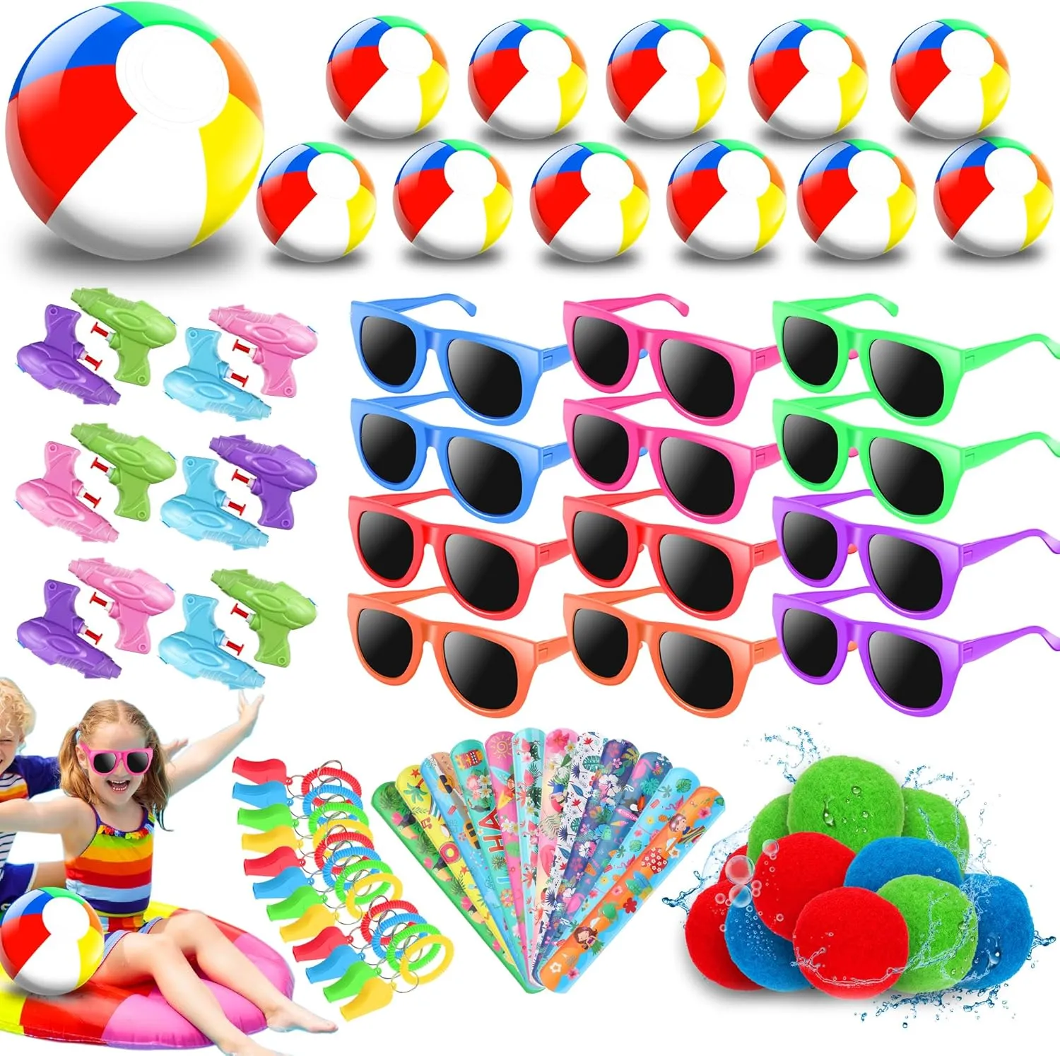 Pool Beach Party Favors, 72Pcs Summer Pool Toys Goodie Bags Set for Kids Inflatable Beach Balls, Sunglasses, Slap Bracelets, Water Gun, Water Balls, Whistles for Kids Birthday Party Decorations