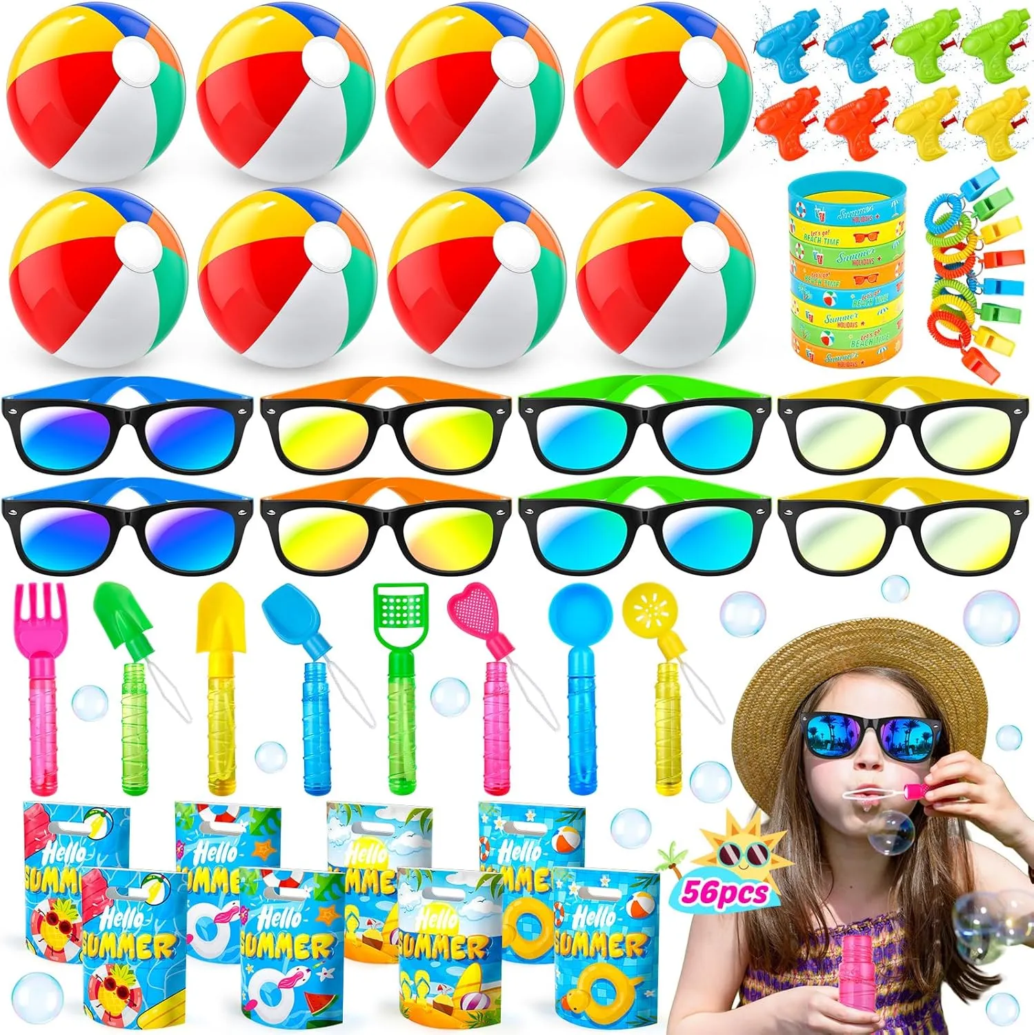 Pool Party Favors and Beach Party Favors, 56 PCS Summer Birthday Beach Pool Party Favors for Kids 3-5 4-8 Beach Balls, Kids Sunglasses Bulk, Bubble Wands, Beach Pool Toys for Kids Ages 3-4-8-10-12