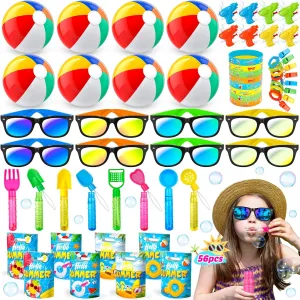 Pool Party Favors and Beach Party Favors, 56 PCS Summer Birthday Beach Pool Party Favors for Kids 3-5 4-8 Beach Balls, Kids Sunglasses Bulk, Bubble Wands, Beach Pool Toys for Kids Ages 3-4-8-10-12