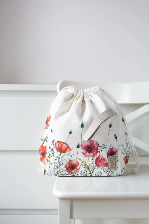 Poppy Drawstring Knitting Project Bag. Large. Summer Flowers collection. Special KnitterBag design.