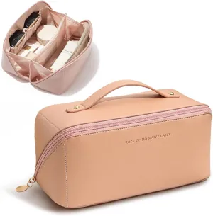 Portable Make Up Bag, Large Capacity Travel Cosmetic Bag, PU Leather Double-layered, Waterproof Portable Leather Makeup Organizer Bag for Skin Care Kits Cosmetics Toiletries (Pink)