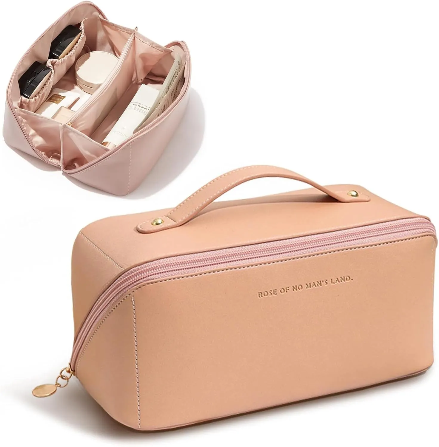 Portable Make Up Bag, Large Capacity Travel Cosmetic Bag, PU Leather Double-layered, Waterproof Portable Leather Makeup Organizer Bag for Skin Care Kits Cosmetics Toiletries (Pink)