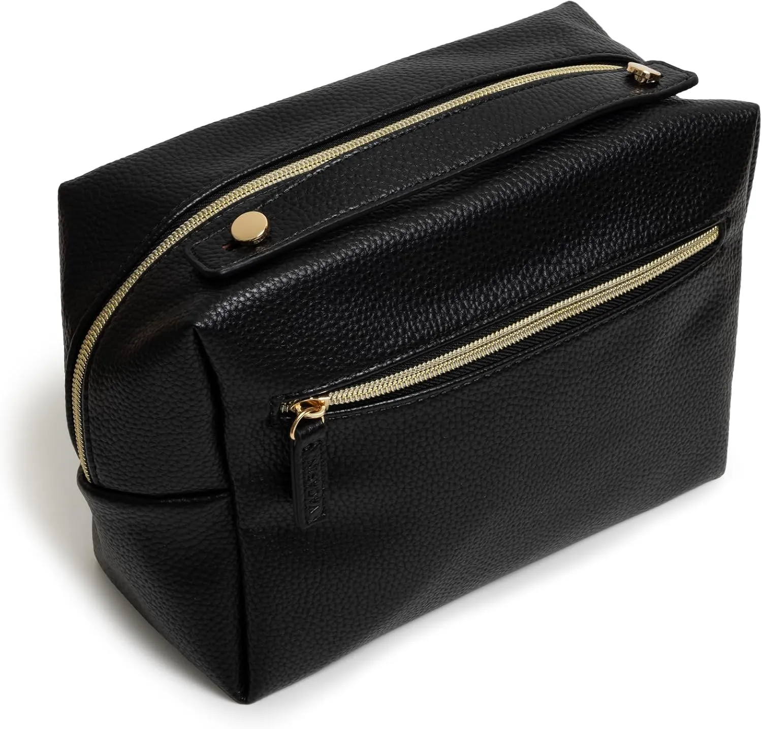 PU Leather Cosmetic Bag for Women - Large Capacity Makeup Organizer with Dividers, Lightweight Travel Toiletry Bag, Portable Makeup Case with Zipper Pockets & Gold Hardware (Black & Gold)
