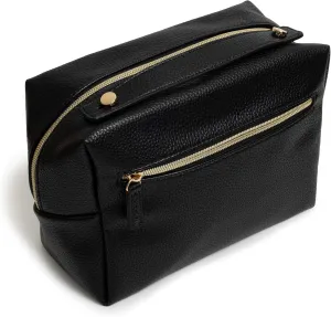 PU Leather Cosmetic Bag for Women - Large Capacity Makeup Organizer with Dividers, Lightweight Travel Toiletry Bag, Portable Makeup Case with Zipper Pockets & Gold Hardware (Black & Gold)