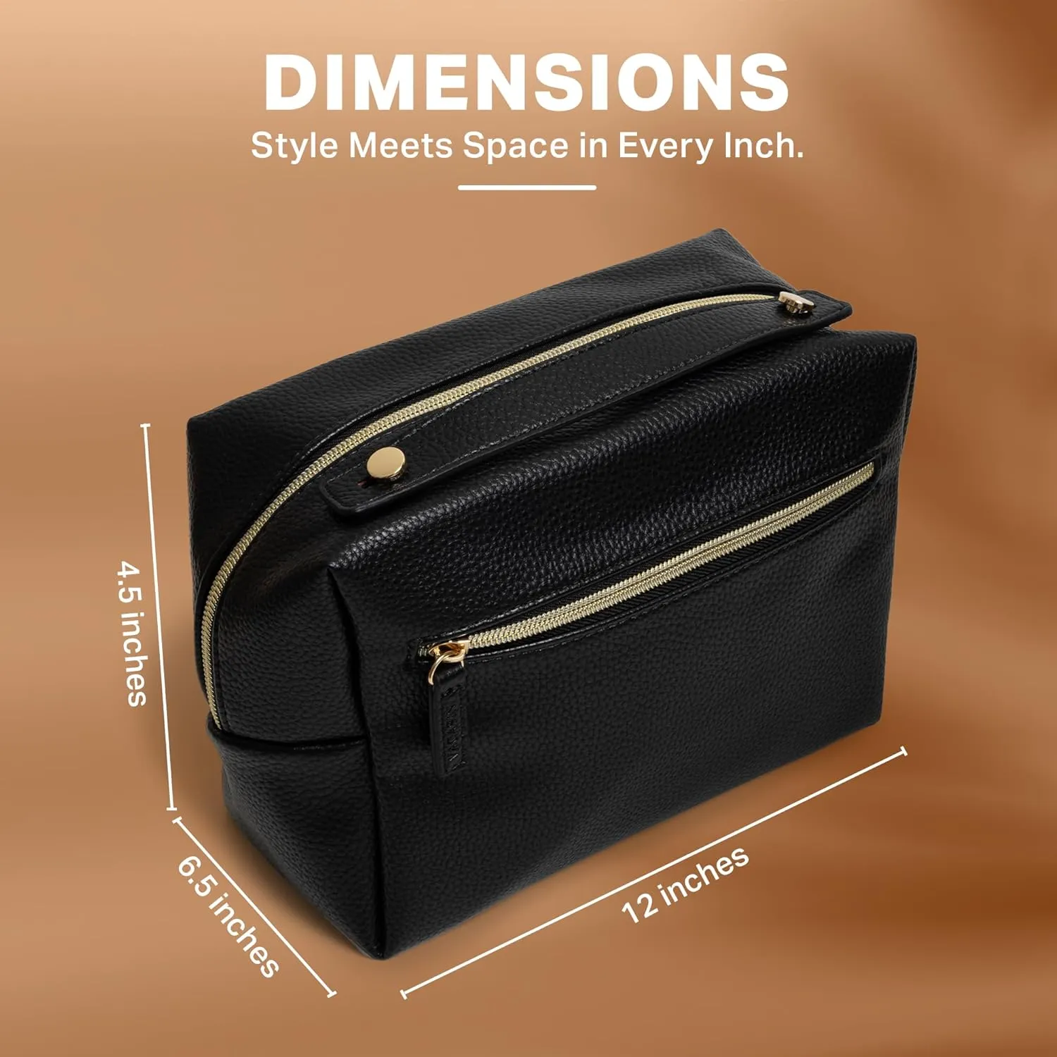 PU Leather Cosmetic Bag for Women - Large Capacity Makeup Organizer with Dividers, Lightweight Travel Toiletry Bag, Portable Makeup Case with Zipper Pockets & Gold Hardware (Black & Gold)