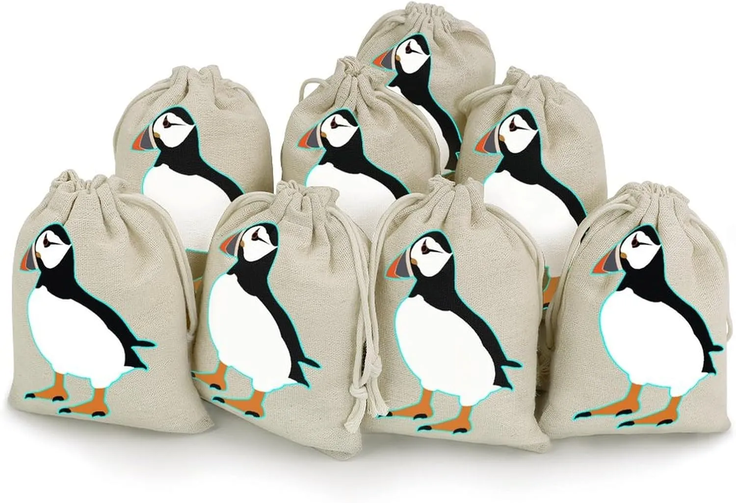 Puffins Bird Novelty 8 Pack Small Gift Bags Pouch Pockets for Carrying Christmas Party Wedding Drawstrings Storage Bag
