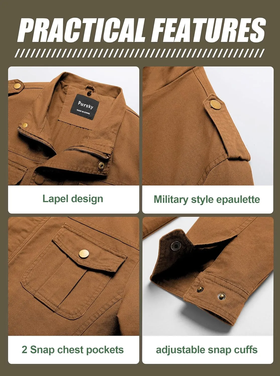 Pursky Men's Military Jacket Casual Washed Cotton Hooded Canvas Coat Fall Coat