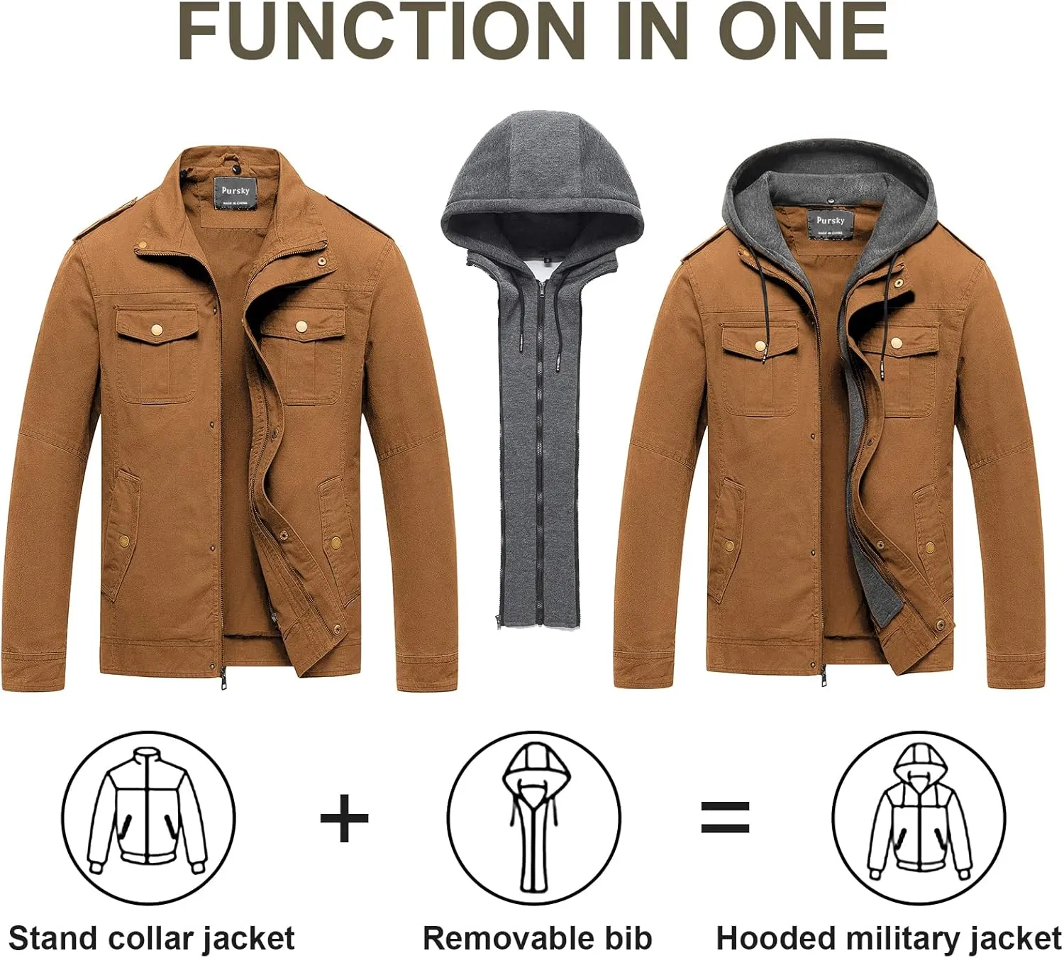 Pursky Men's Military Jacket Casual Washed Cotton Hooded Canvas Coat Fall Coat