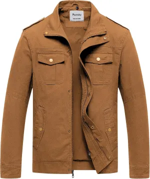 Pursky Men's Military Jacket Casual Washed Cotton Hooded Canvas Coat Fall Coat