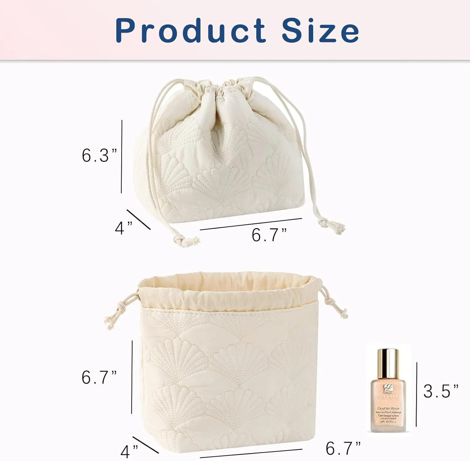 Quilted Cotton Coquette Drawstring Makeup bag, Coastal Granddaughter Aesthetic Cosmetic Bag, Cute Seashell Portable Travel Toiletry Pouch (Drawstring White)