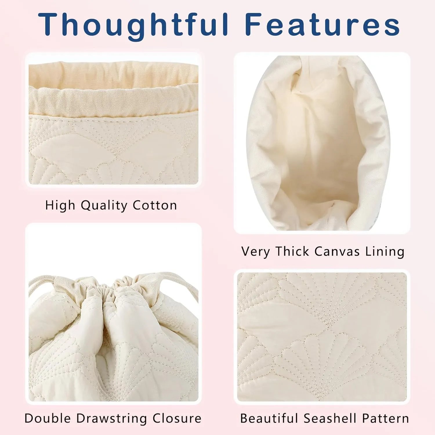 Quilted Cotton Coquette Drawstring Makeup bag, Coastal Granddaughter Aesthetic Cosmetic Bag, Cute Seashell Portable Travel Toiletry Pouch (Drawstring White)