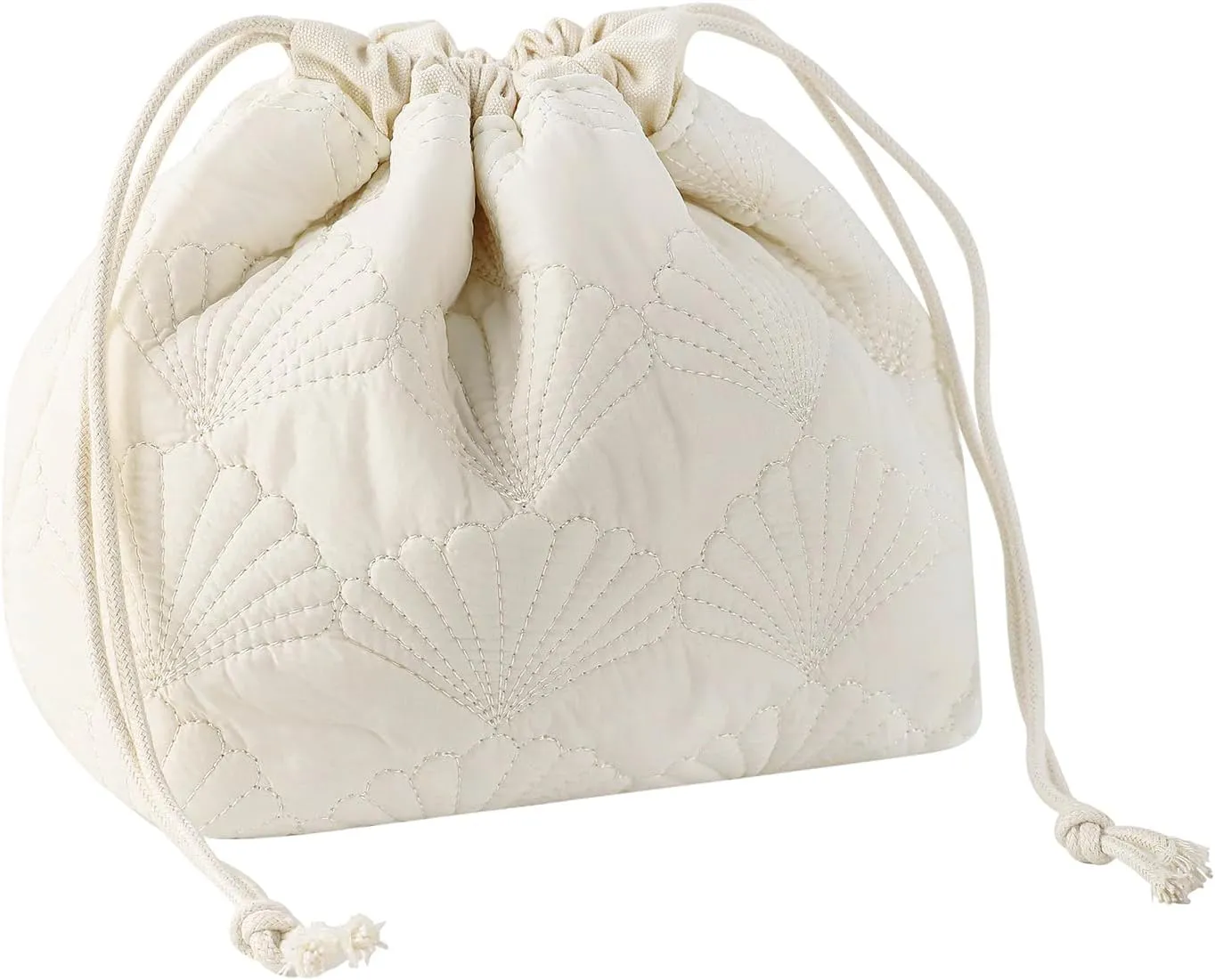 Quilted Cotton Coquette Drawstring Makeup bag, Coastal Granddaughter Aesthetic Cosmetic Bag, Cute Seashell Portable Travel Toiletry Pouch (Drawstring White)
