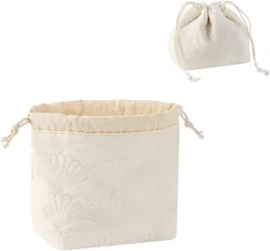 Quilted Cotton Coquette Drawstring Makeup bag, Coastal Granddaughter Aesthetic Cosmetic Bag, Cute Seashell Portable Travel Toiletry Pouch (Drawstring White)
