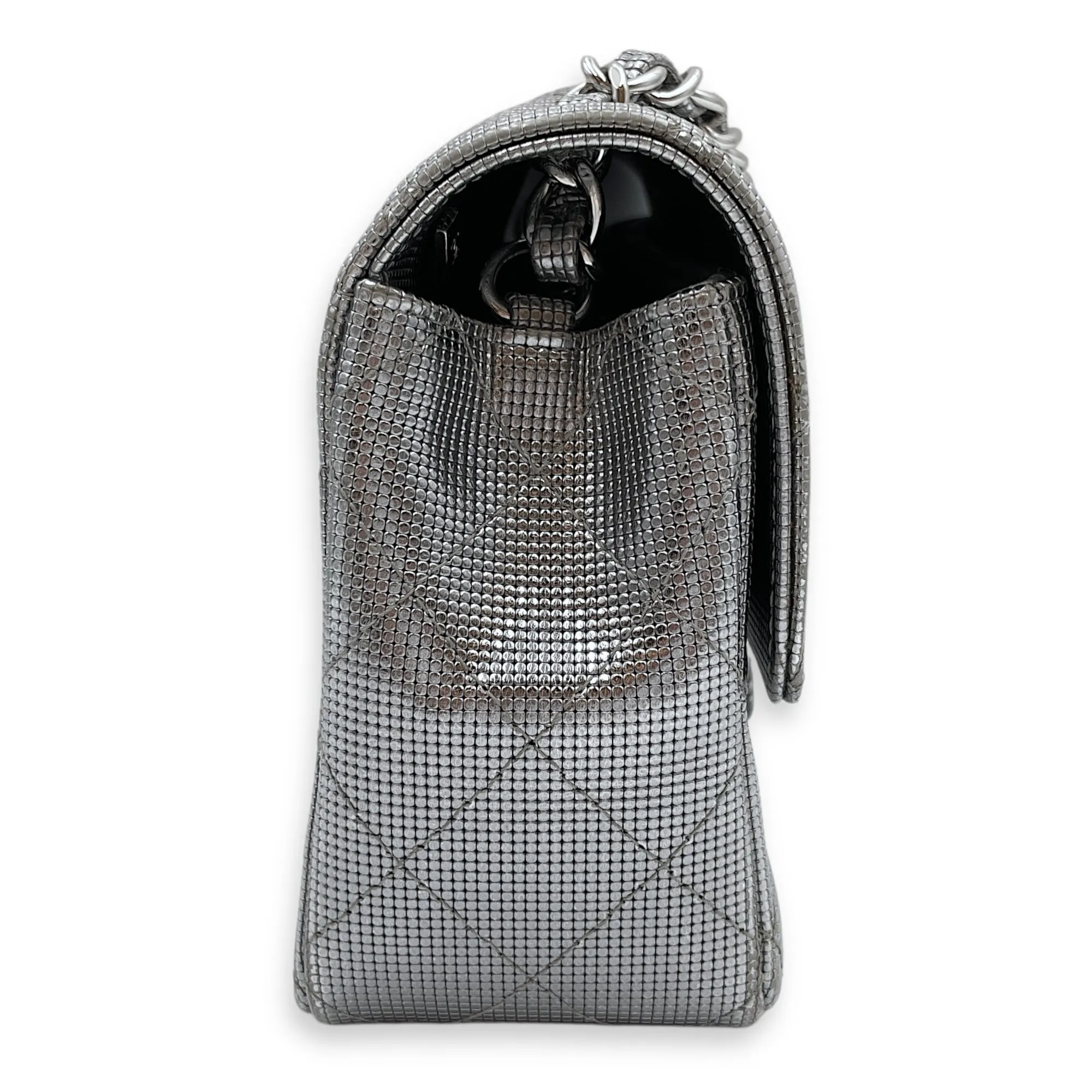 Quilted Pixel Effect Rectangular Flap Mini Silver Crossbody Bag in Metallic, Silver hardware