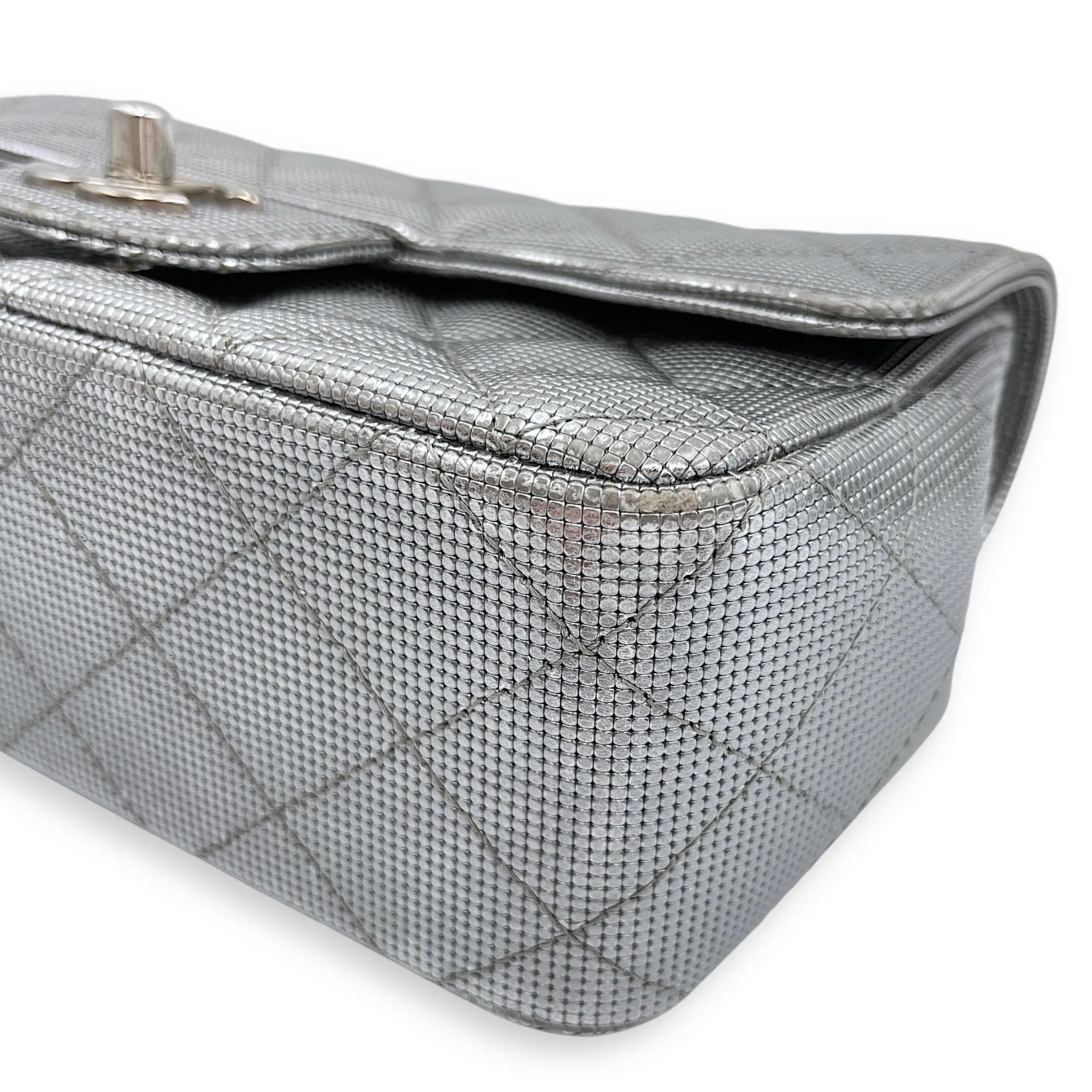 Quilted Pixel Effect Rectangular Flap Mini Silver Crossbody Bag in Metallic, Silver hardware