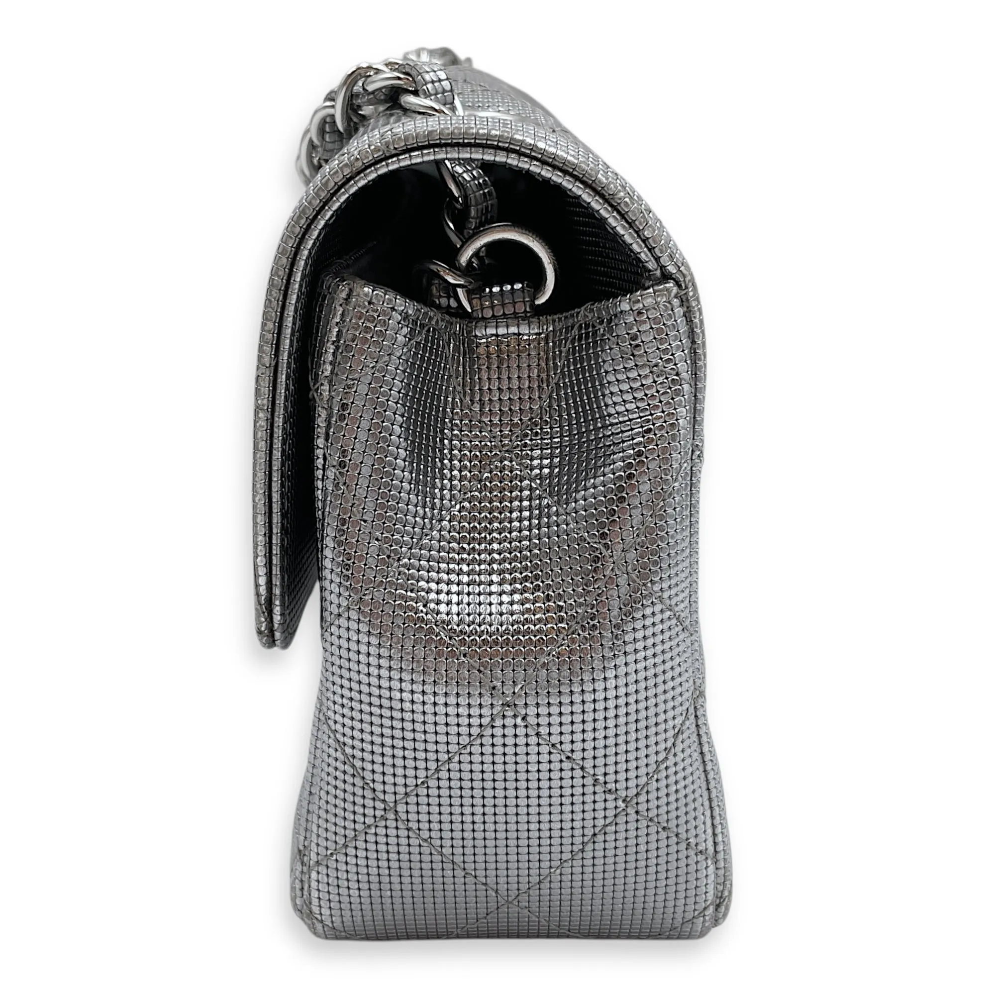 Quilted Pixel Effect Rectangular Flap Mini Silver Crossbody Bag in Metallic, Silver hardware