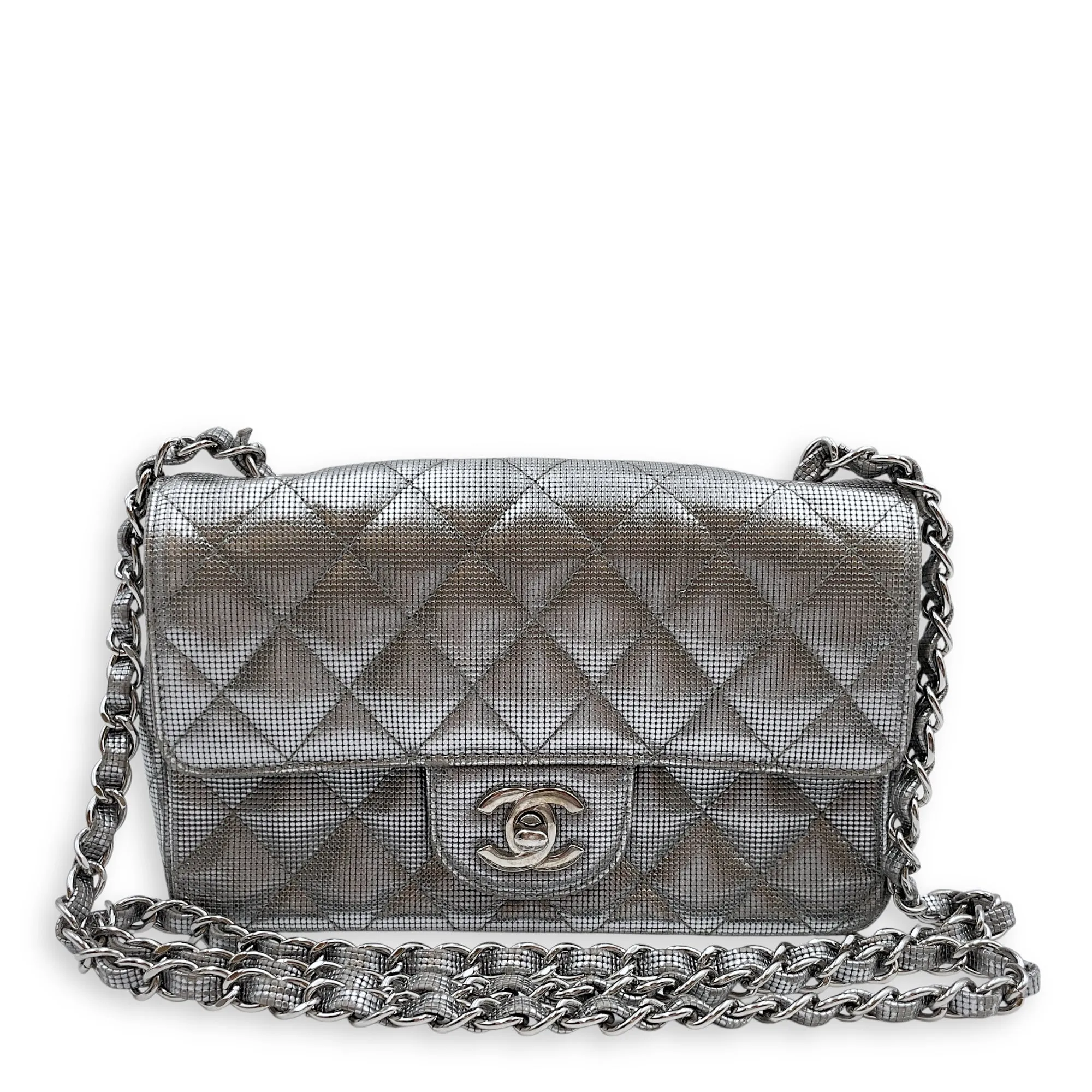 Quilted Pixel Effect Rectangular Flap Mini Silver Crossbody Bag in Metallic, Silver hardware
